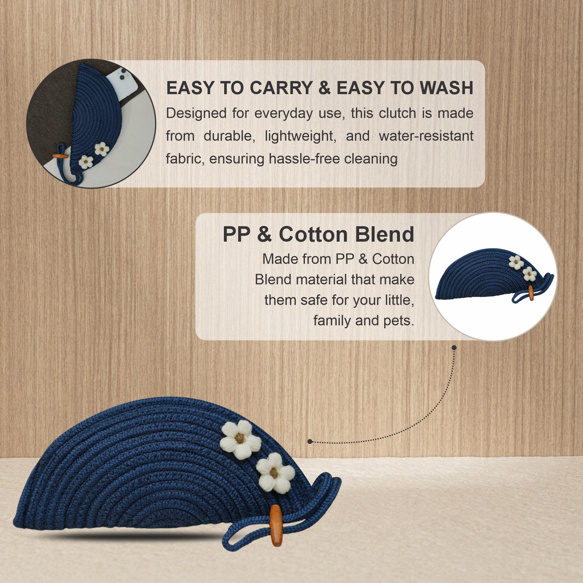 ARIYA Stylish Unique Handmade Blue (PP & Cotton Blend) Clutch Bag with 2 Flower, Perfect for Parties, Weddings & Everyday Outings