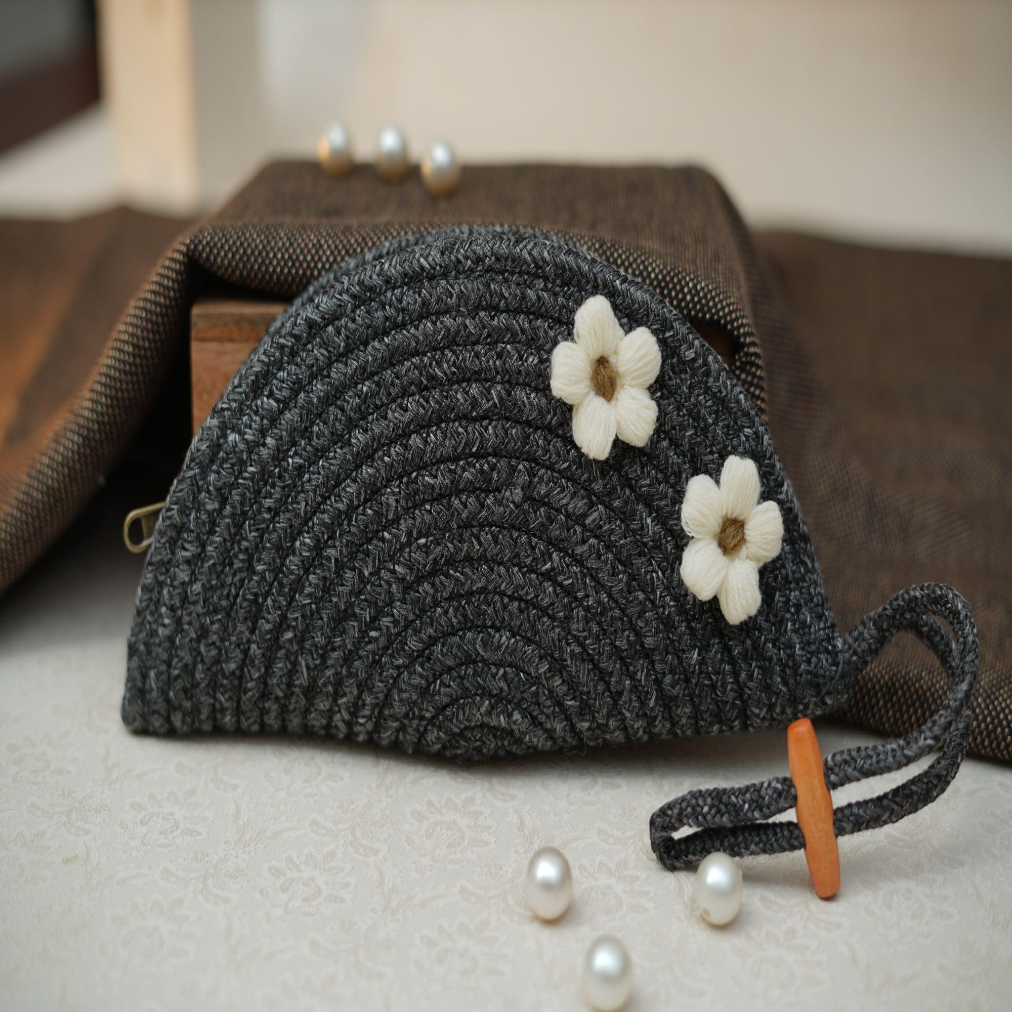 ARIYA Stylish Unique Handmade Black (PP & Cotton Blend) Clutch Bag with 2 Flower, Perfect for Parties, Weddings & Everyday Outings.
