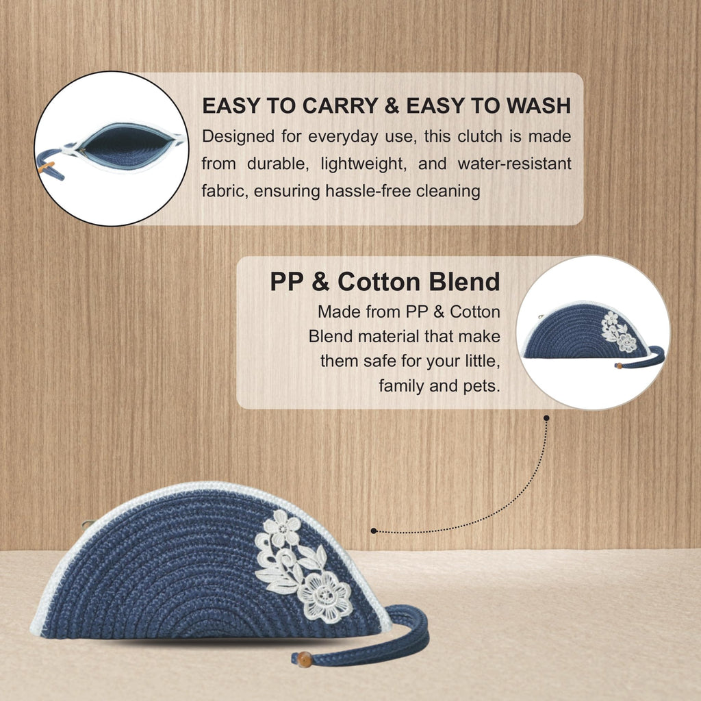 ARIYA Stylish Unique Handmade Blue & White Line (PP & Cotton Blend) Clutch Bag with Flower, Perfect for Parties, Weddings & Everyday Outings