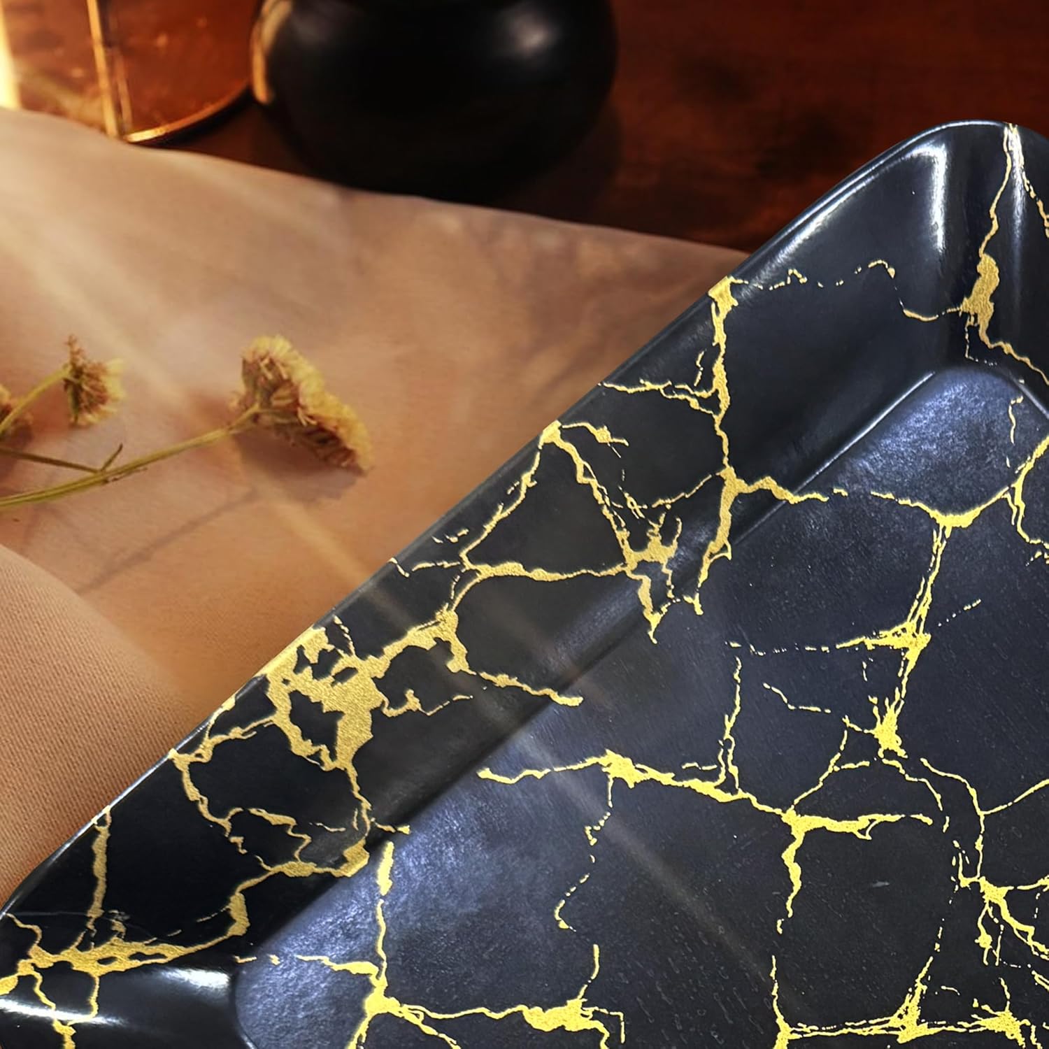 Ariya Melamine Serving Tray Set of 2 – Black and Gold | 603,604