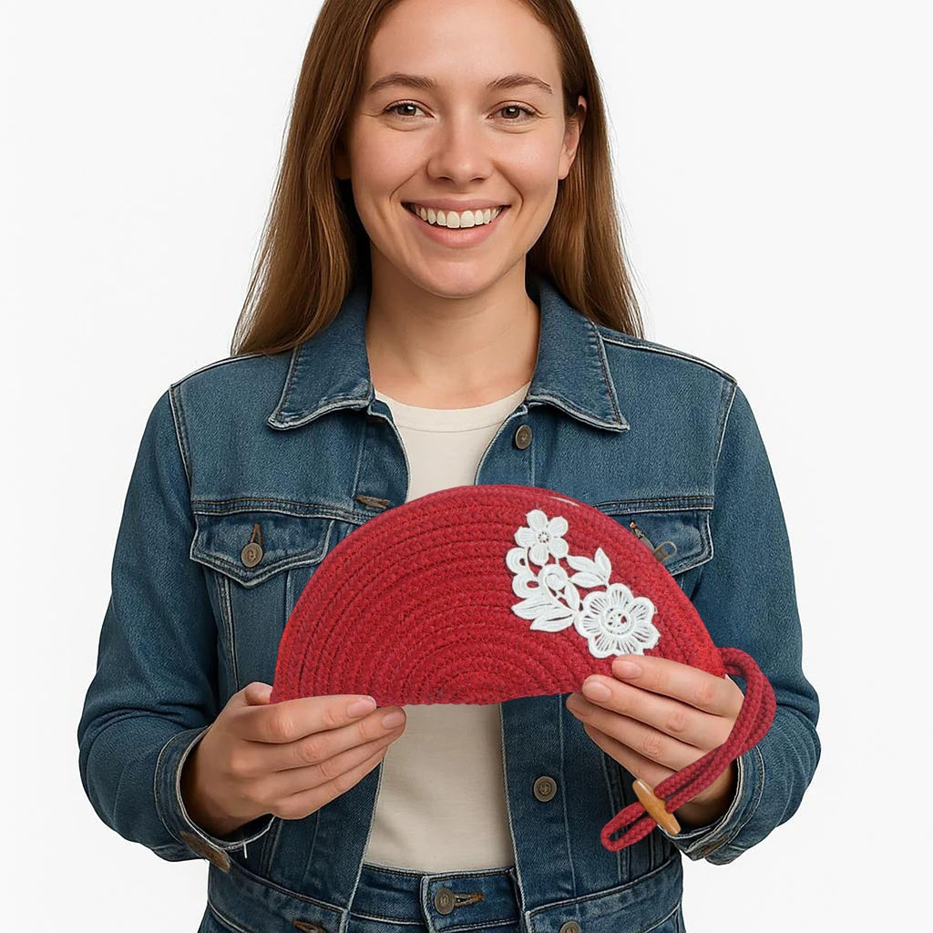 ARIYA Stylish Unique Handmade Red (PP & Cotton Blend) Clutch Bag with Flower, Perfect for Parties, Weddings & Everyday Outings