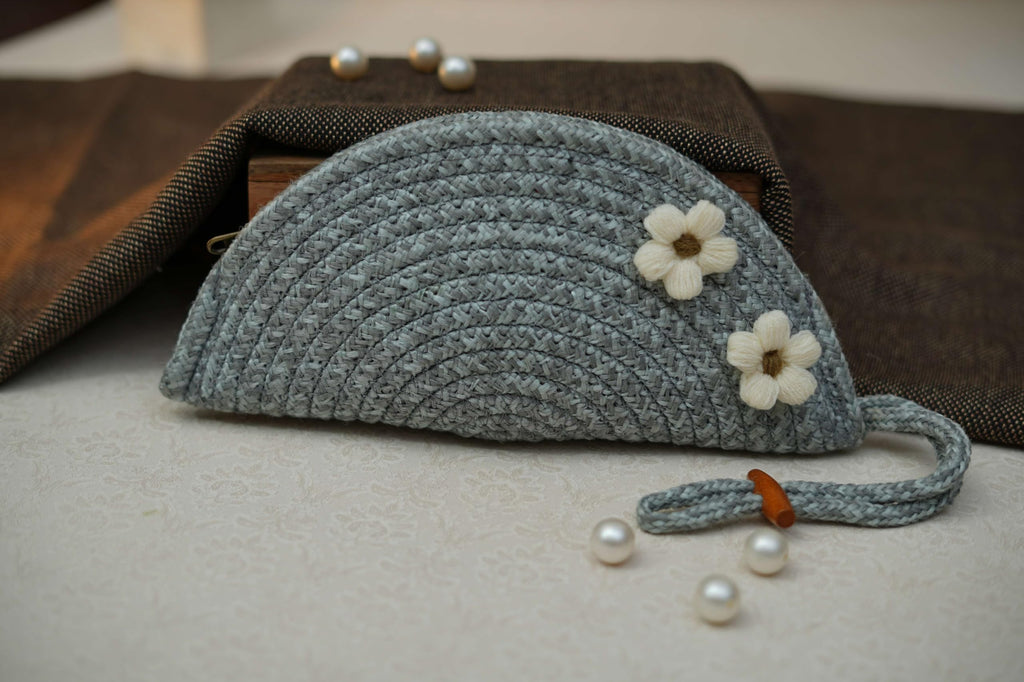 ARIYA Stylish Unique Handmade Light Grey (PP & Cotton Blend) Clutch Bag with 2 Flower, Perfect for Parties, Weddings & Everyday Outings