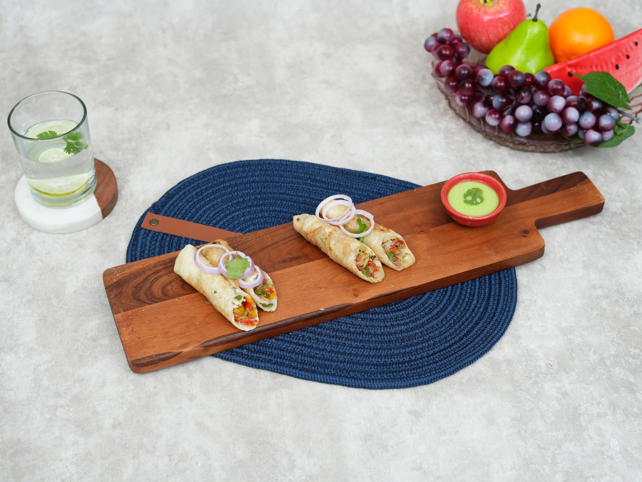 Ariya 19.5" Acacia Wooden Serving Platter with Chutney Bowl | Cheese & Charcuterie Board for Kitchen & Dining
