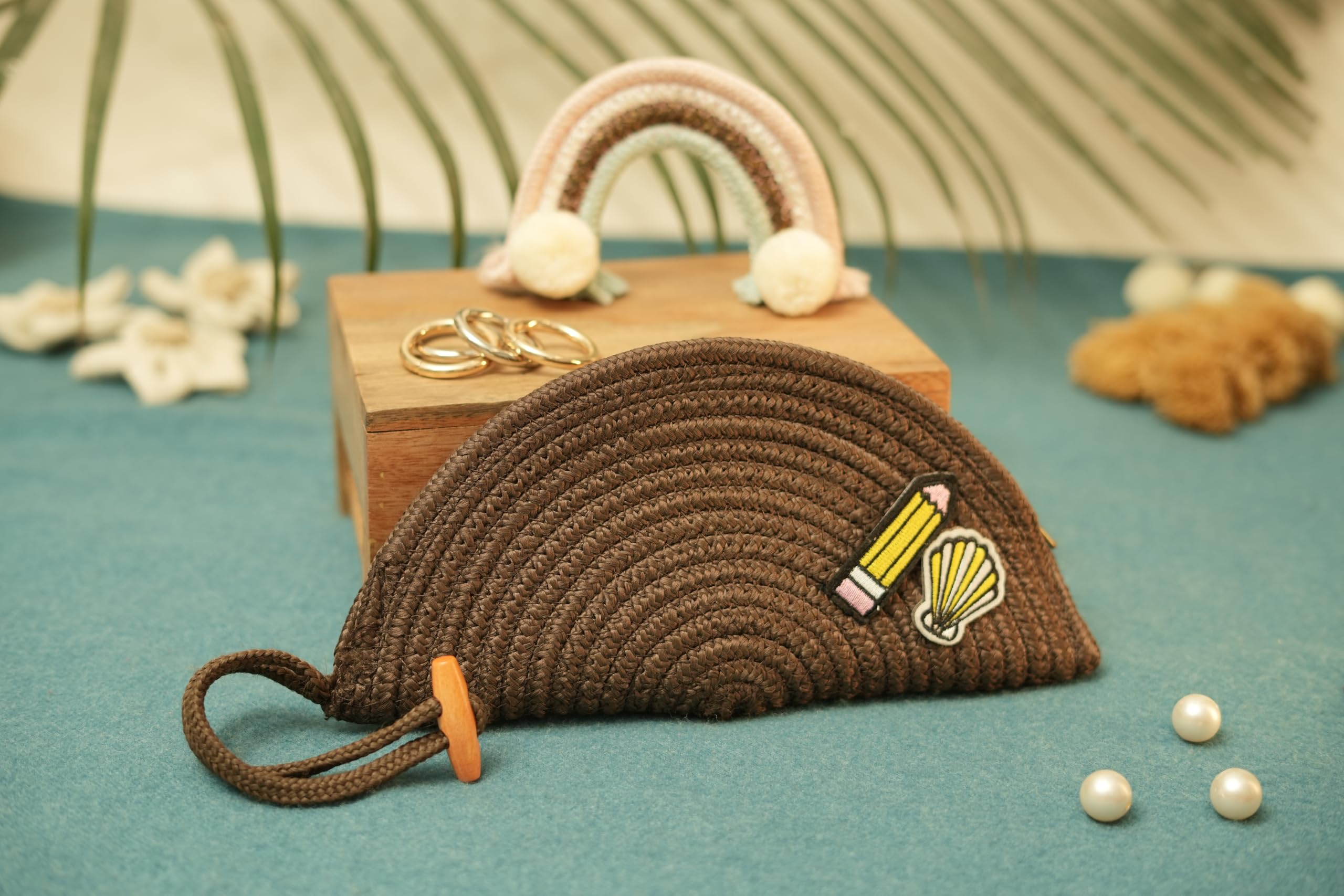 ARIYA Stylish Unique Handmade Coffee (PP & Cotton Blend) Clutch Bag with Sticker, Perfect for Parties, Weddings & Everyday Outings