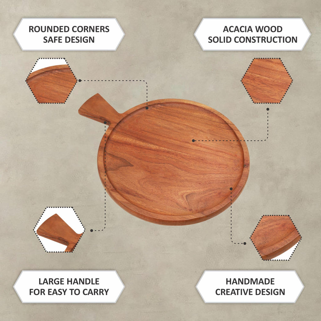 Ariya 10 x 10 Inch Acacia Wooden Round Serving Tray with Handle