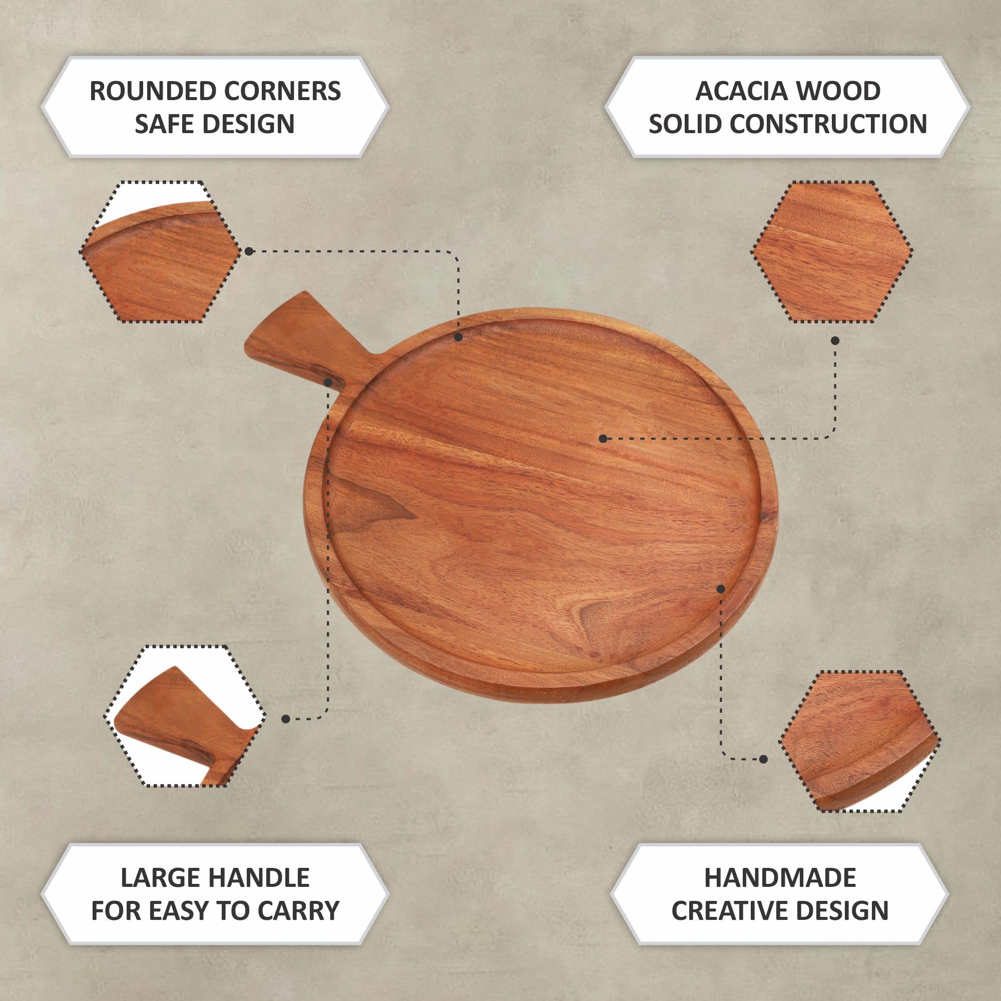 Ariya 10 x 10 Inch Acacia Wooden Round Serving Tray with Handle