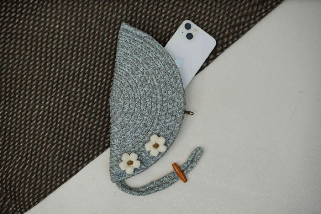 ARIYA Stylish Unique Handmade Light Grey (PP & Cotton Blend) Clutch Bag with 2 Flower, Perfect for Parties, Weddings & Everyday Outings