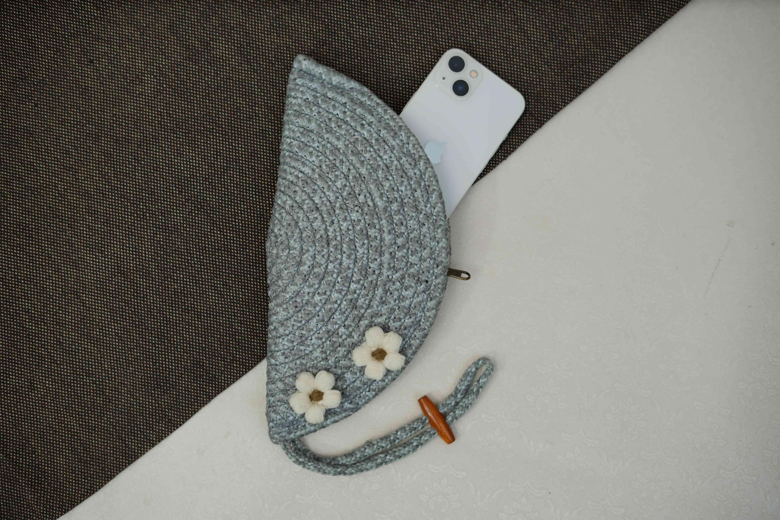 ARIYA Stylish Unique Handmade Light Grey (PP & Cotton Blend) Clutch Bag with 2 Flower, Perfect for Parties, Weddings & Everyday Outings