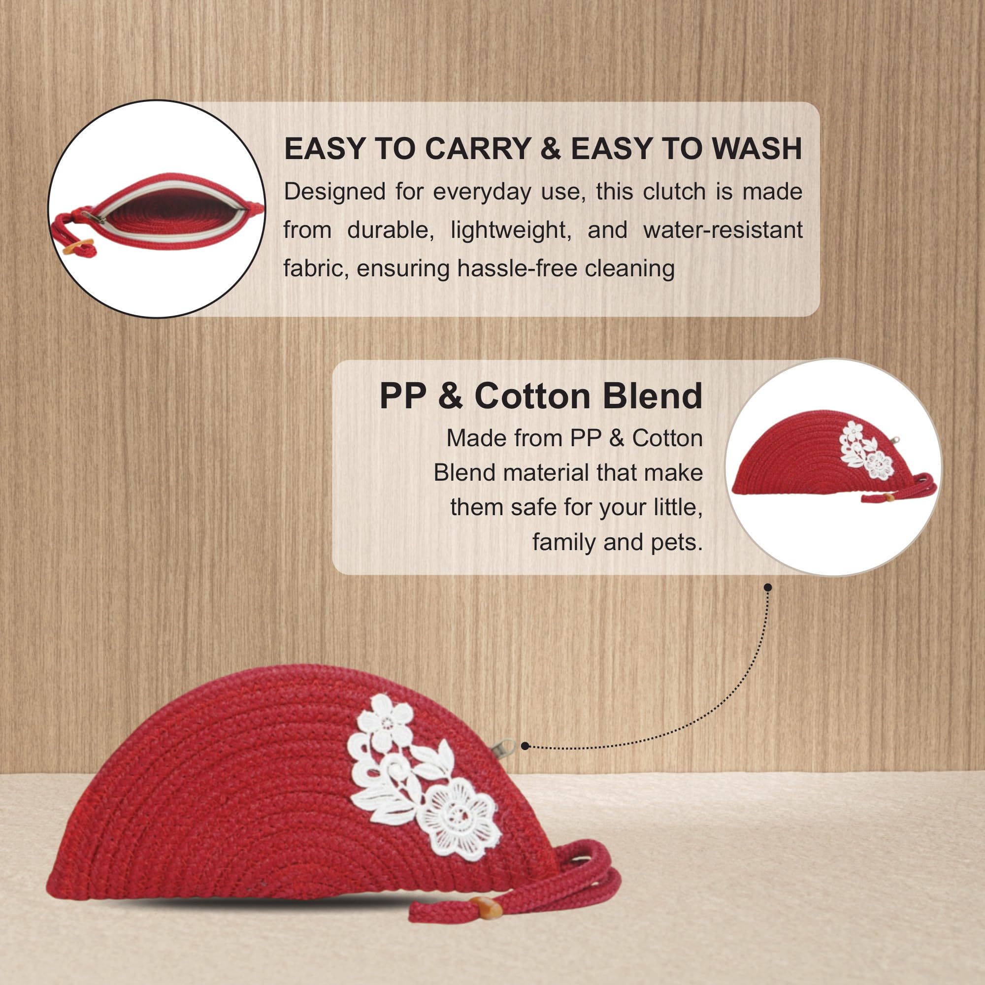 ARIYA Stylish Unique Handmade Red (PP & Cotton Blend) Clutch Bag with Flower, Perfect for Parties, Weddings & Everyday Outings