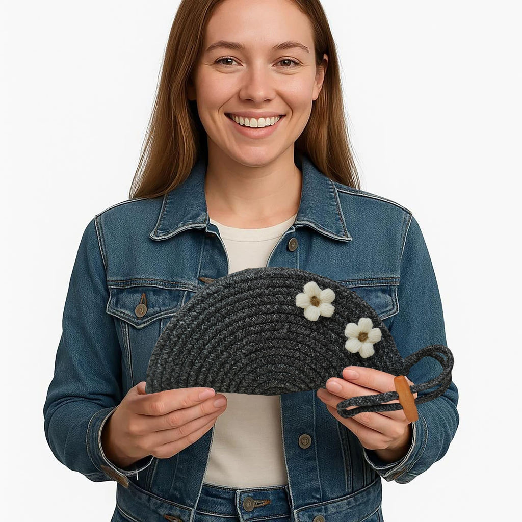 ARIYA Stylish Unique Handmade Black (PP & Cotton Blend) Clutch Bag with 2 Flower, Perfect for Parties, Weddings & Everyday Outings.