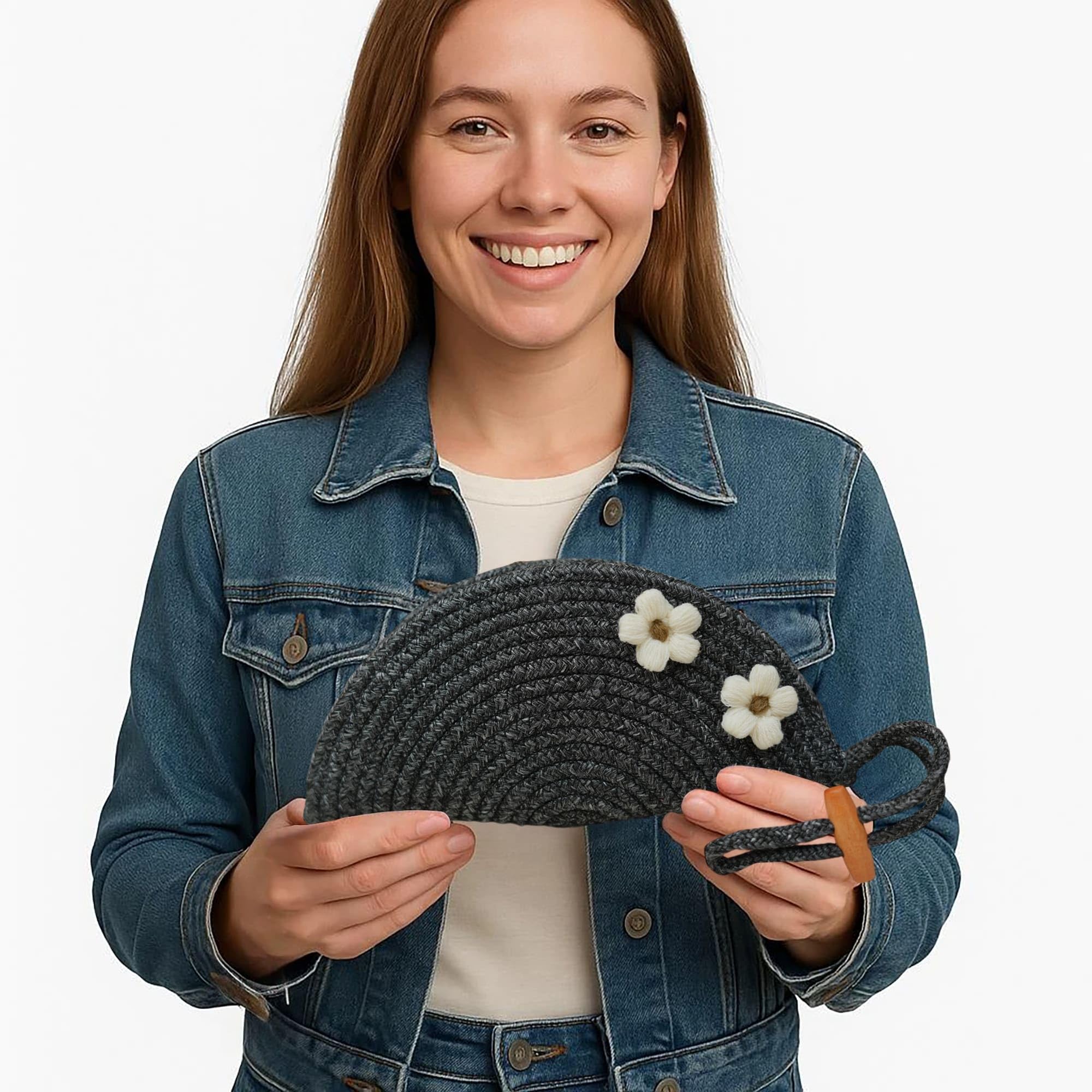 ARIYA Stylish Unique Handmade Black (PP & Cotton Blend) Clutch Bag with 2 Flower, Perfect for Parties, Weddings & Everyday Outings.