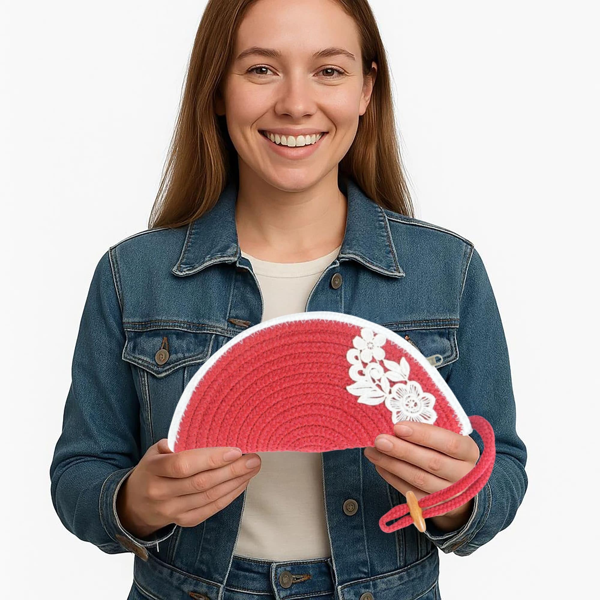 ARIYA Stylish Unique Handmade Red & White Line (PP & Cotton Blend) Clutch Bag with Flower, Perfect for Parties, Weddings & Everyday Outings