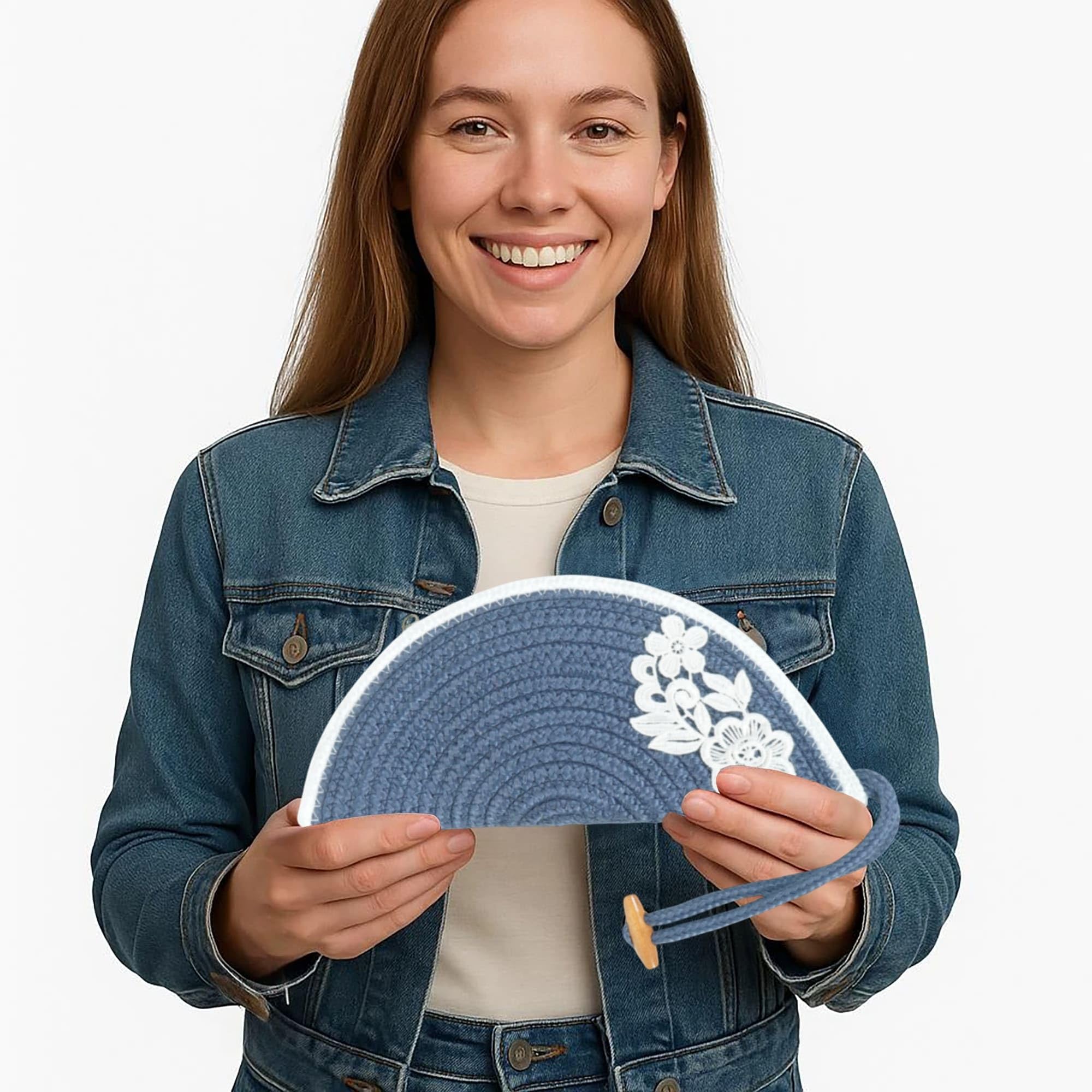 ARIYA Stylish Unique Handmade Blue & White Line (PP & Cotton Blend) Clutch Bag with Flower, Perfect for Parties, Weddings & Everyday Outings