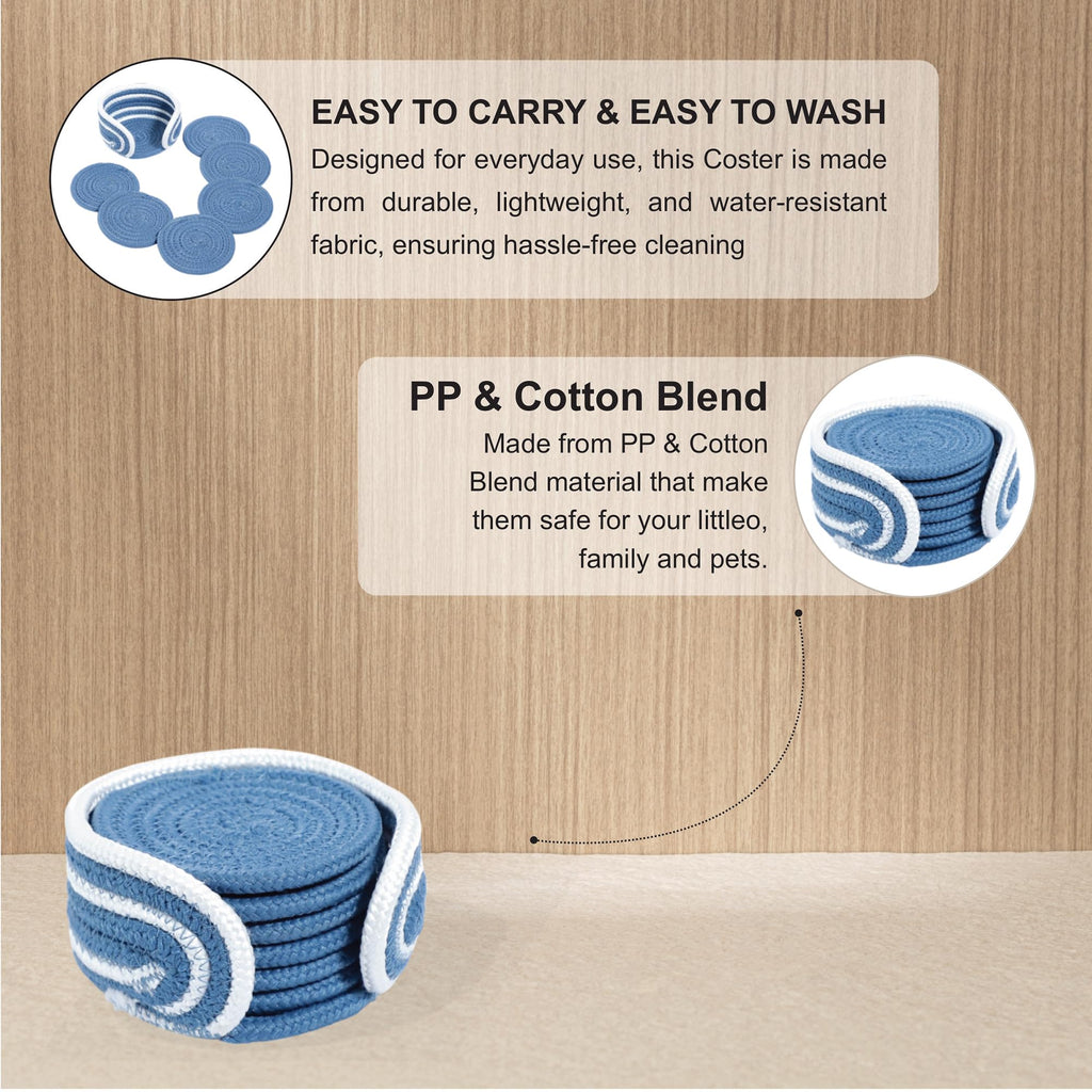 Ariya 6 Psc PP & Cotton Blend Blue Coasters (6 Inch) - Absorbent, Woven, Ideal for Room, Hotel, Bar, Housewarming Gift