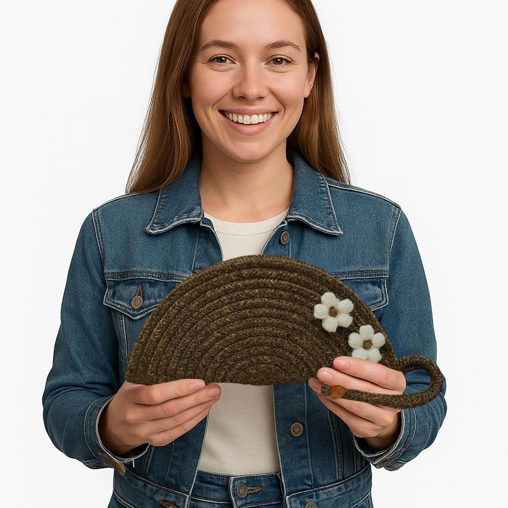 ARIYA Stylish Unique Handmade Brown (PP & Cotton Blend) Clutch Bag with 2 Flower, Perfect for Parties, Weddings & Everyday Outings