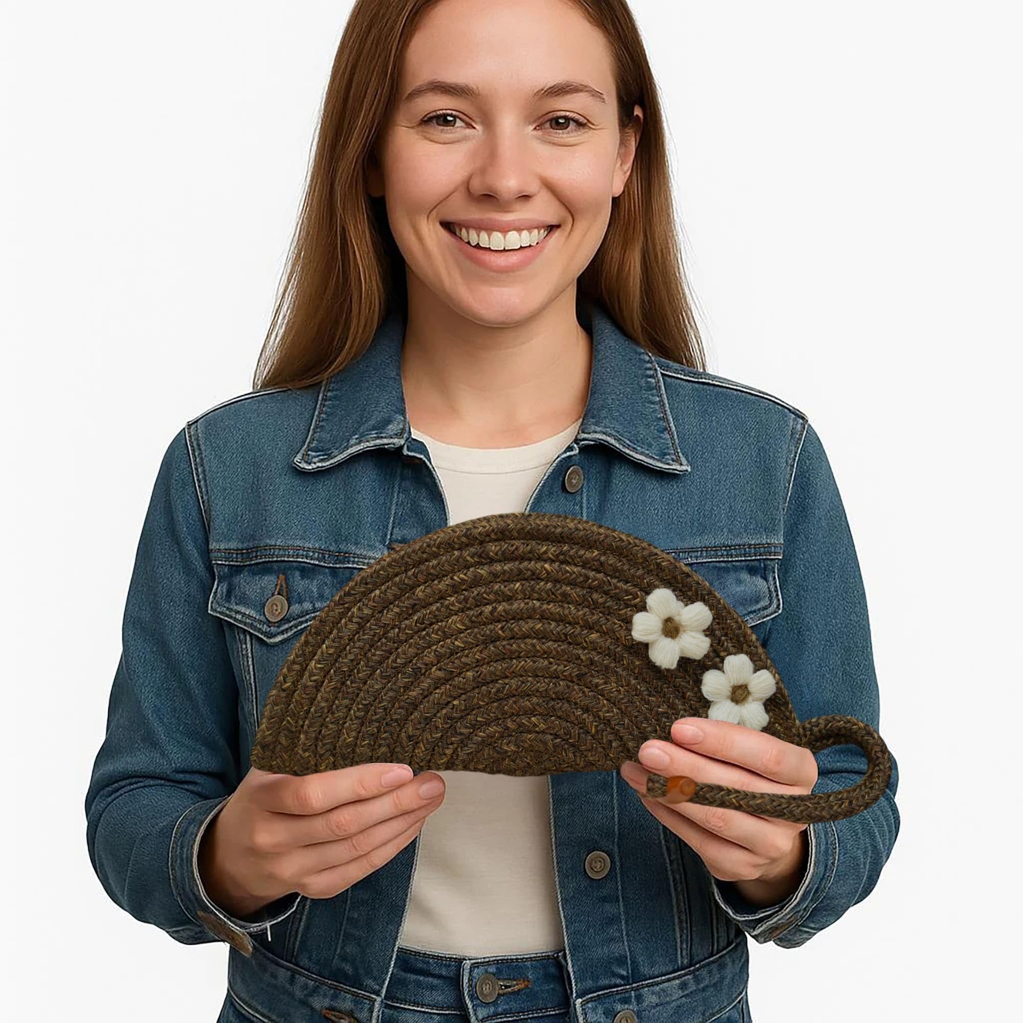 ARIYA Stylish Unique Handmade Brown (PP & Cotton Blend) Clutch Bag with 2 Flower, Perfect for Parties, Weddings & Everyday Outings