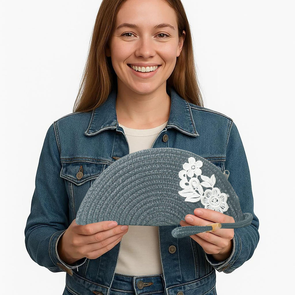 ARIYA Stylish Unique Handmade Grey (PP & Cotton Blend) Clutch Bag with Flower, Perfect for Parties, Weddings & Everyday Outings