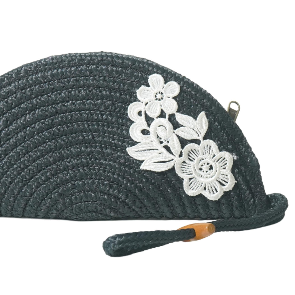 ARIYA Stylish Unique Handmade Dark Grey (PP & Cotton Blend) Clutch Bag with Flower, Perfect for Parties, Weddings & Everyday Outings