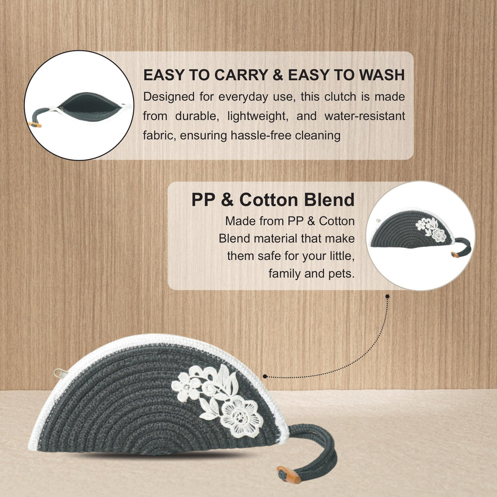 ARIYA Stylish Unique Handmade Dark Grey & White Line (PP & Cotton Blend) Clutch Bag with Flower, Perfect for Parties, Weddings & Everyday Outings