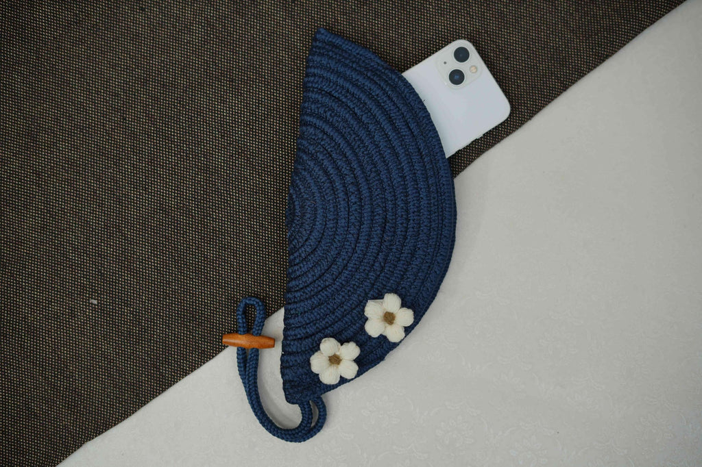 ARIYA Stylish Unique Handmade Blue (PP & Cotton Blend) Clutch Bag with 2 Flower, Perfect for Parties, Weddings & Everyday Outings