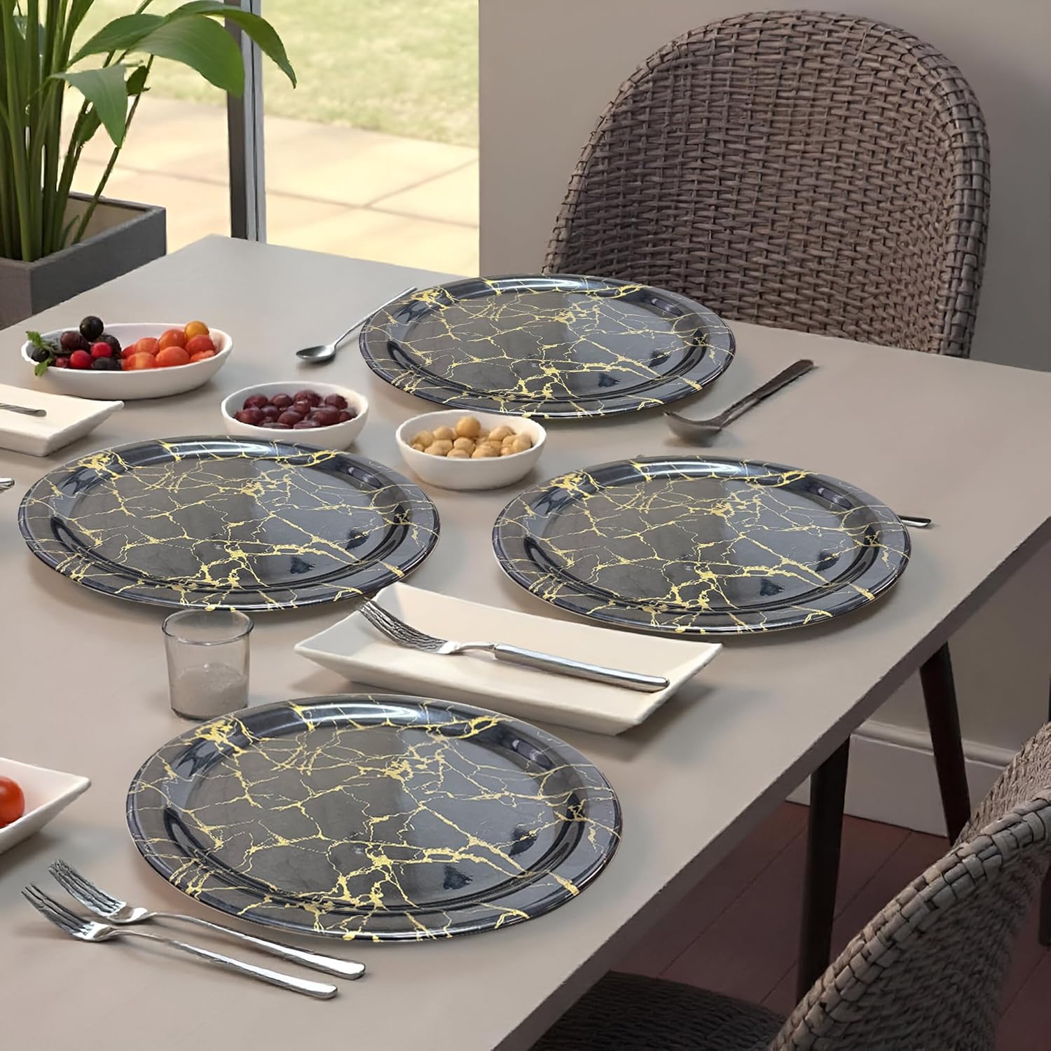 Ariya Melamine Dinner Plates 13 Inch Set of 24 | Midnight Gold