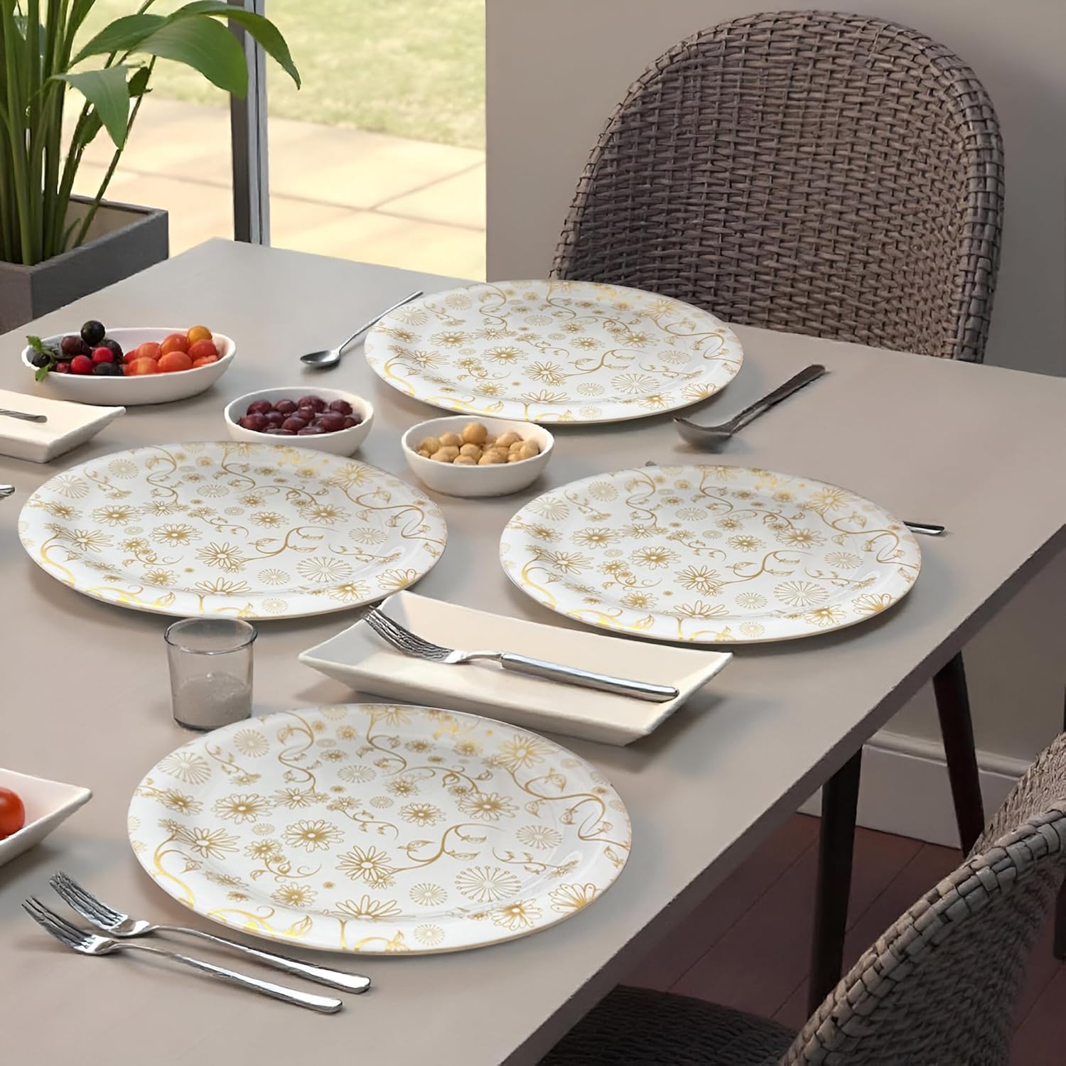 Ariya Melamine Dinner Plates 13 Inch Set of 12 | Golden Blossom