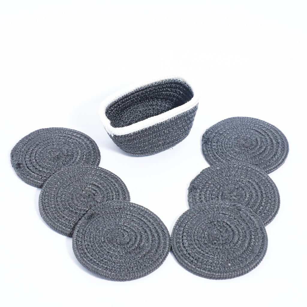 Ariya 6 Psc PP & Cotton Blend Dark Grey Coasters (6 Inch) - Absorbent, Woven, Ideal for Room, Hotel, Bar, Housewarming Gift