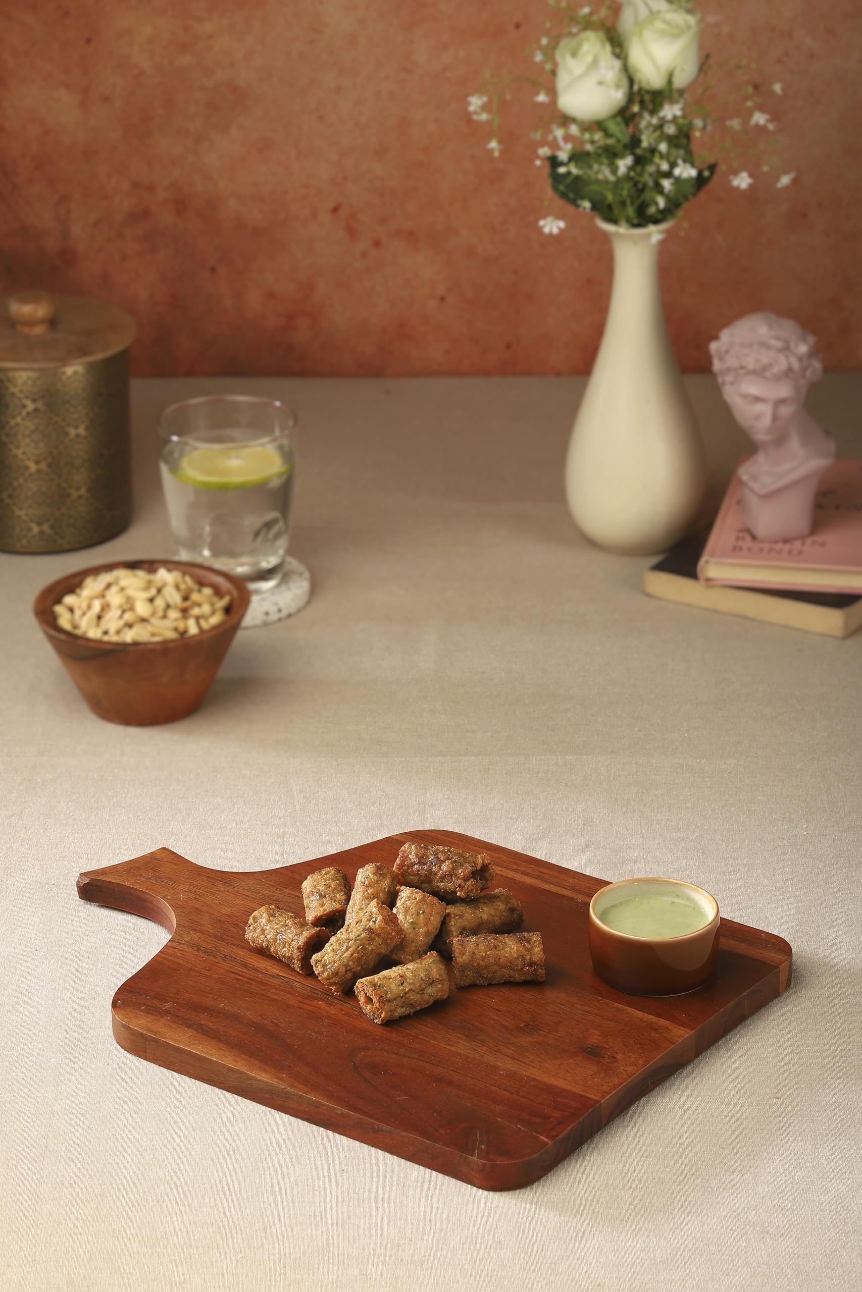 Ariya 14" Acacia Wooden Serving Platter with Chutney Bowl | Cheese & Charcuterie Board for Kitchen & Dining