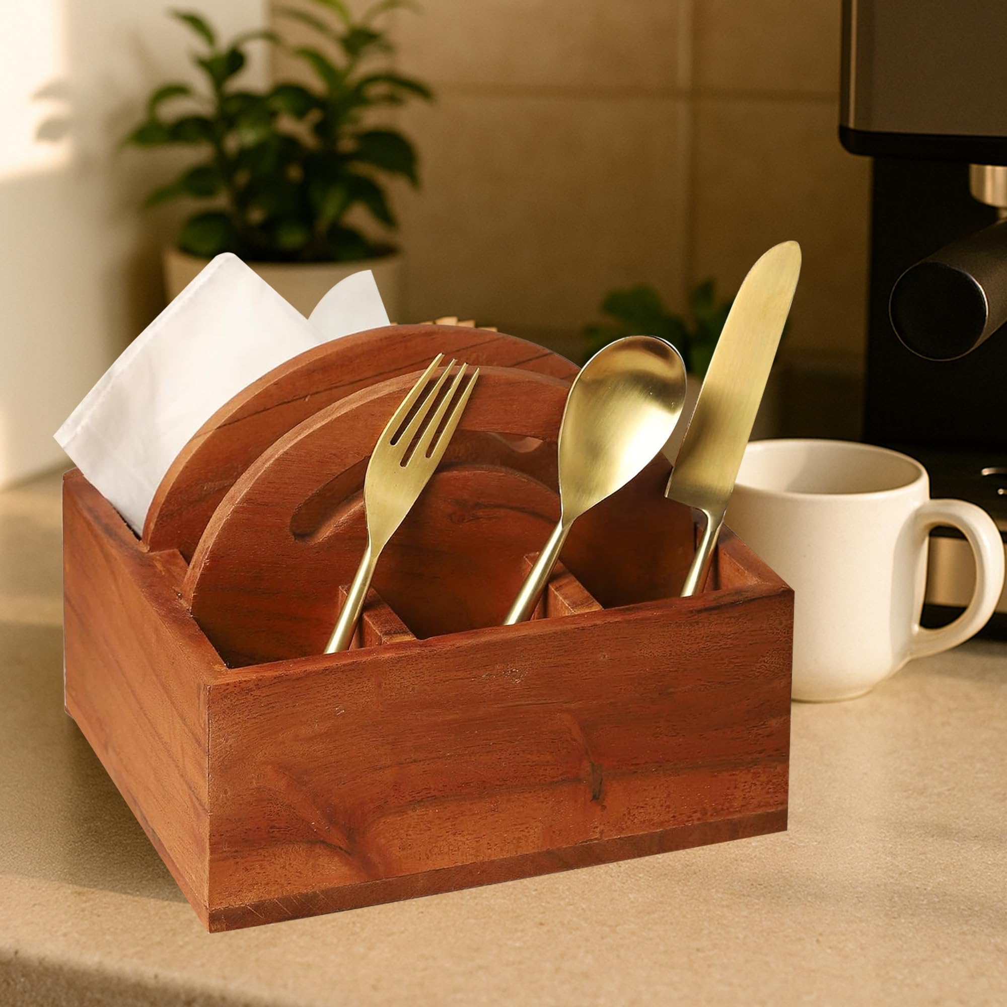 Ariya 8" Acacia Wooden Cutlery Holder | 5-Compartment Spoon & Napkin Organizer