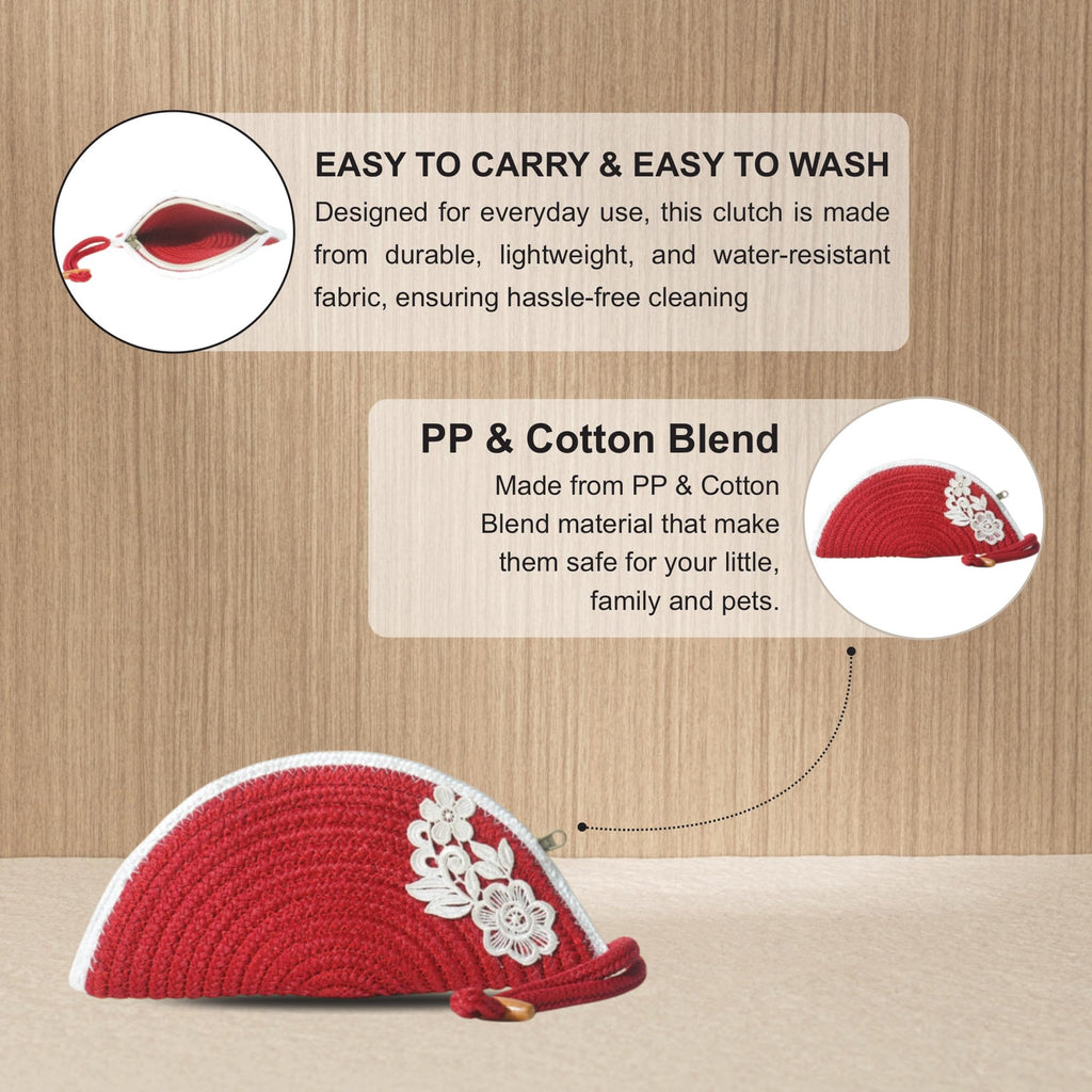 ARIYA Stylish Unique Handmade Red & White Line (PP & Cotton Blend) Clutch Bag with Flower, Perfect for Parties, Weddings & Everyday Outings