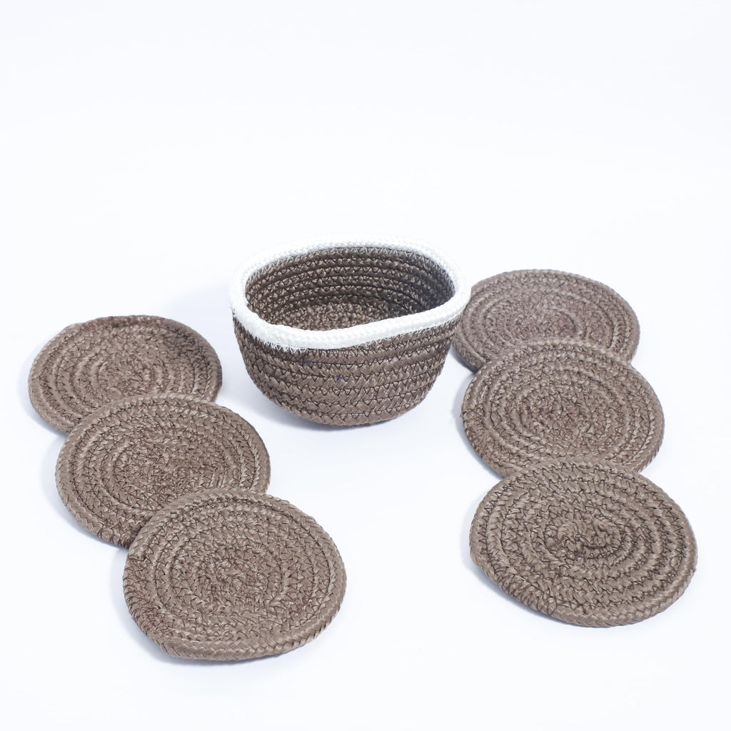Ariya 6 Psc PP & Cotton Blend Brown Coasters (6 Inch) - Absorbent, Woven, Ideal for Room, Hotel, Bar, Housewarming Gift