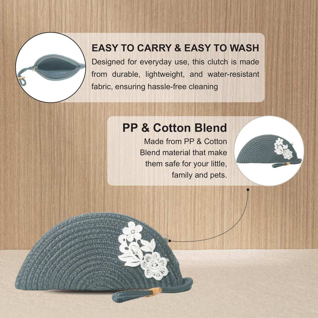 ARIYA Stylish Unique Handmade Grey (PP & Cotton Blend) Clutch Bag with Flower, Perfect for Parties, Weddings & Everyday Outings