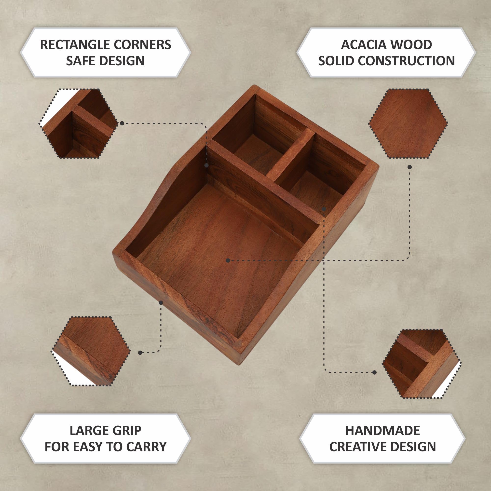 Ariya 10" Acacia Wooden Cutlery Holder | 3-Compartment Fork & Napkin Organizer for Dining & Kitchen