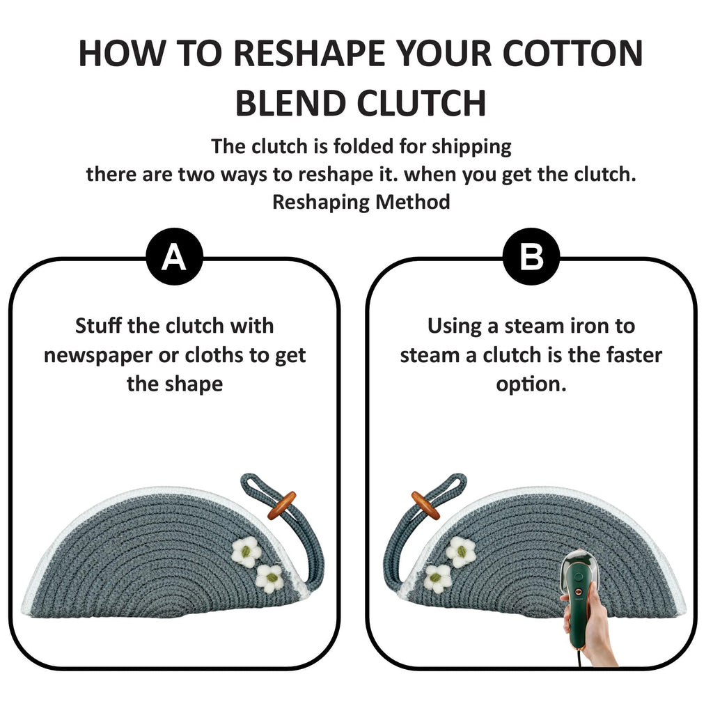 ARIYA Stylish Unique Handmade Light Grey & White Line (PP & Cotton Blend) Clutch Bag with 2 Flower, Perfect for Parties, Weddings & Everyday Outings