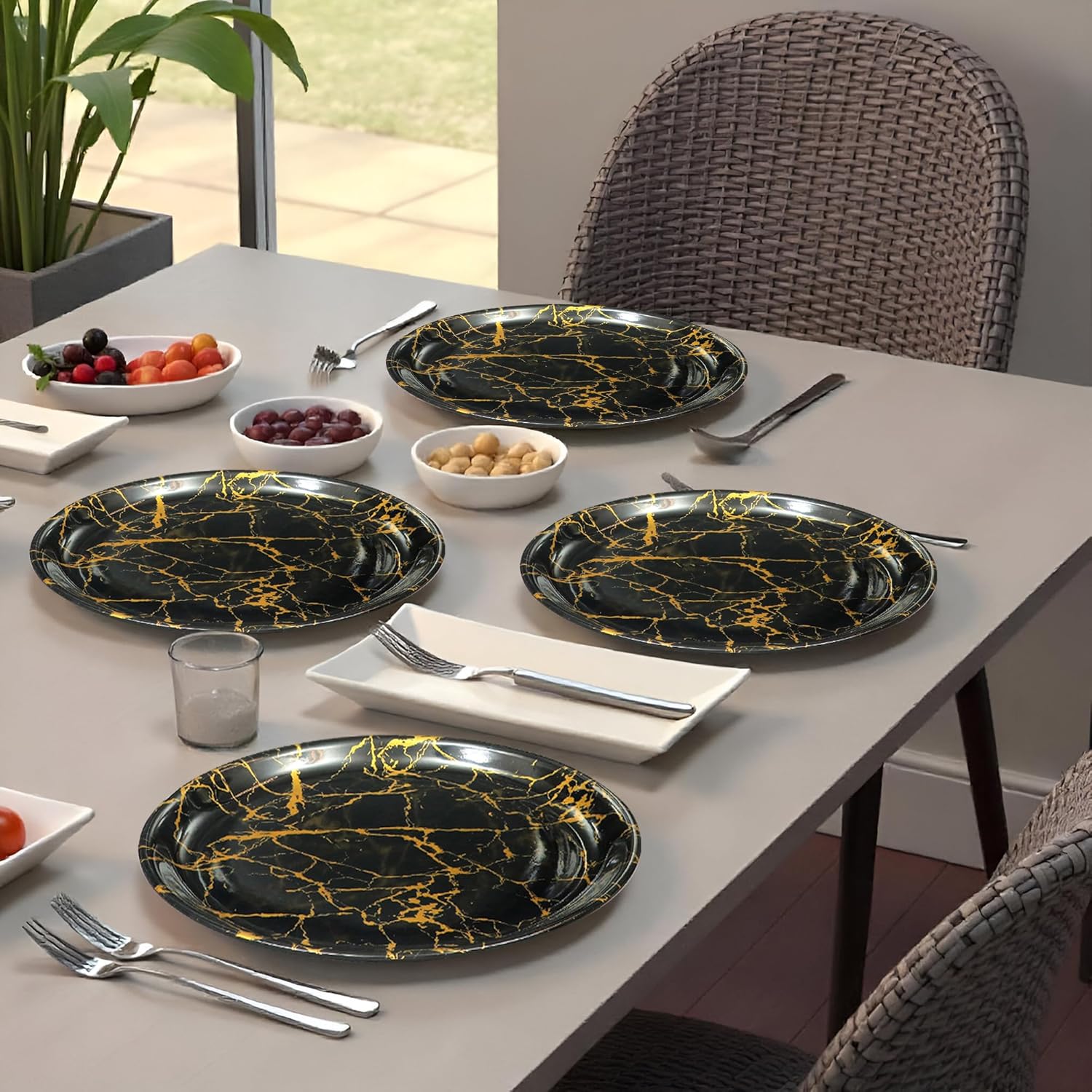 Ariya Melamine Dinner Plates 12 Inch Set of 12 | Black & Gold