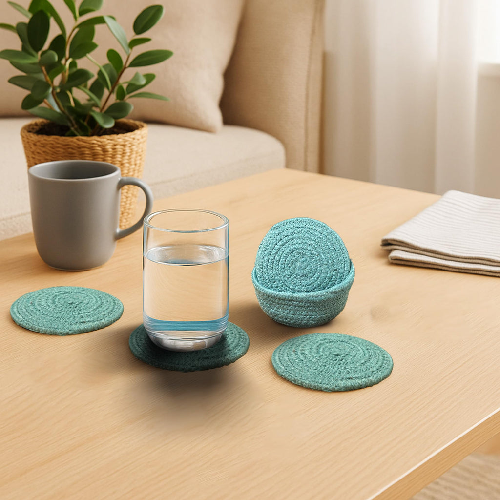 Ariya 4 Inch Round Coaster Set (4049 | Sky Blue | Pack of 6) Handcrafted PP & Cotton Blend Coaster, Durable, Drink Mats for Coffee Tables, Dining, Office & Home Décor