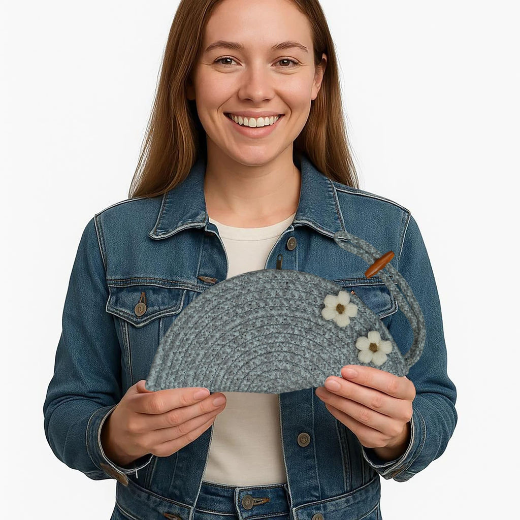 ARIYA Stylish Unique Handmade Light Grey (PP & Cotton Blend) Clutch Bag with 2 Flower, Perfect for Parties, Weddings & Everyday Outings