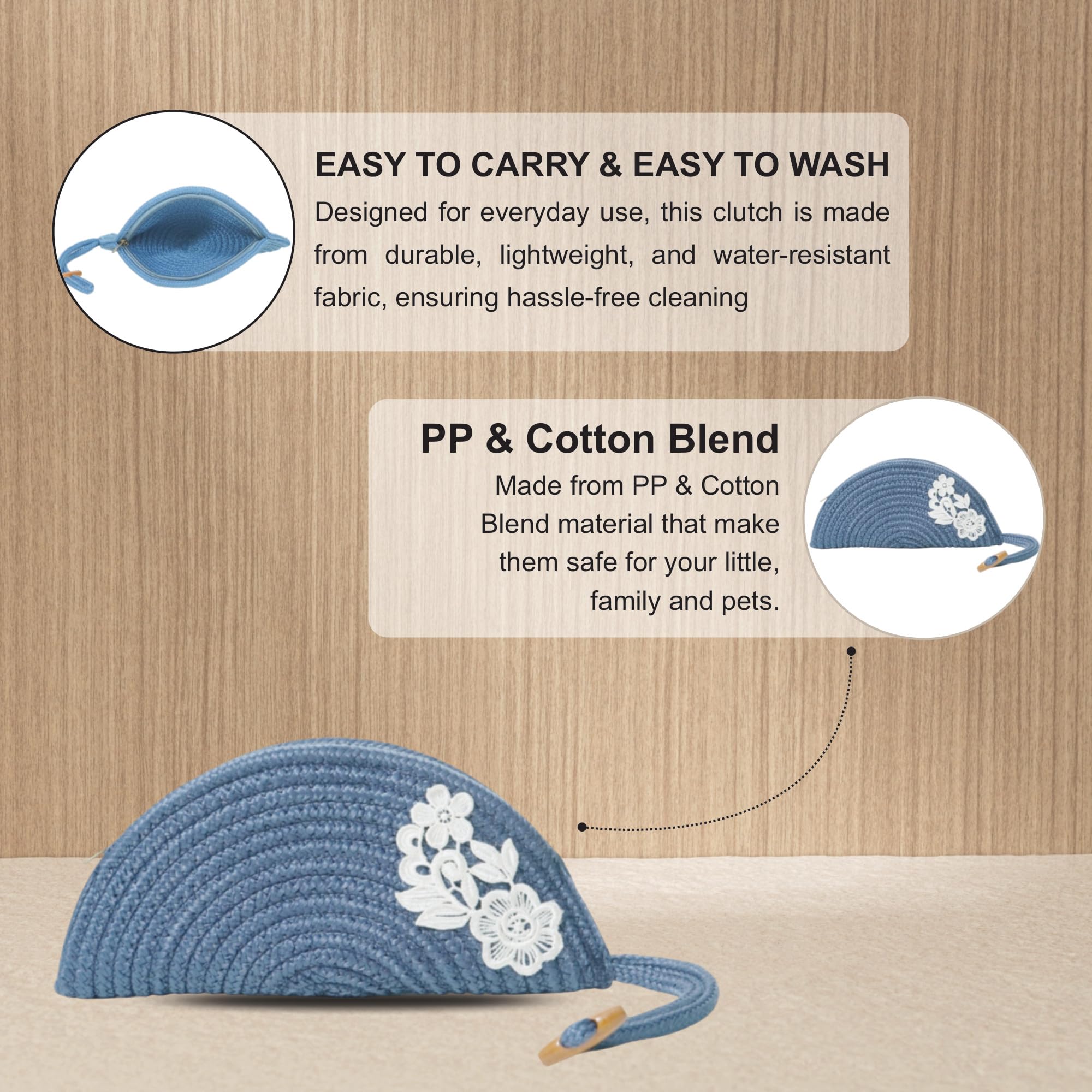 ARIYA Stylish Unique Handmade Blue & White Line (PP & Cotton Blend) Clutch Bag with Flower, Perfect for Parties, Weddings & Everyday Outings