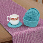 Ariya 4 Inch Round Coaster Set (4049 | Sky Blue | Pack of 6) Handcrafted PP & Cotton Blend Coaster, Durable, Drink Mats for Coffee Tables, Dining, Office & Home Décor