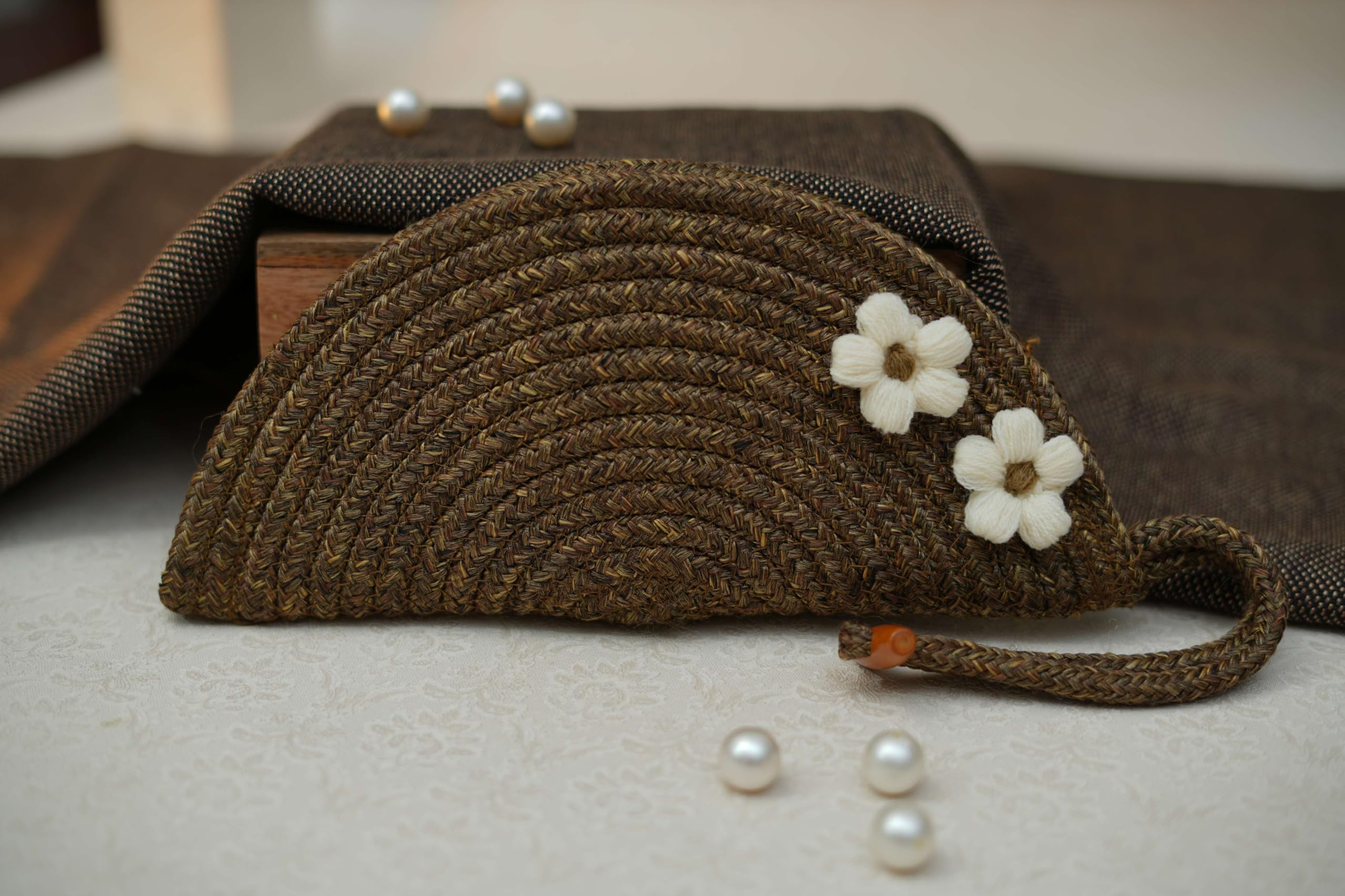 ARIYA Stylish Unique Handmade Brown (PP & Cotton Blend) Clutch Bag with 2 Flower, Perfect for Parties, Weddings & Everyday Outings