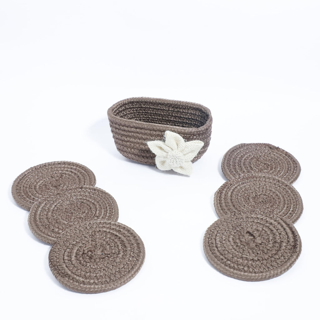 Ariya 6 Psc PP & Cotton Blend Brown Coasters (6 Inch) - Absorbent, Woven, Ideal for Room, Hotel, Bar, Housewarming Gift