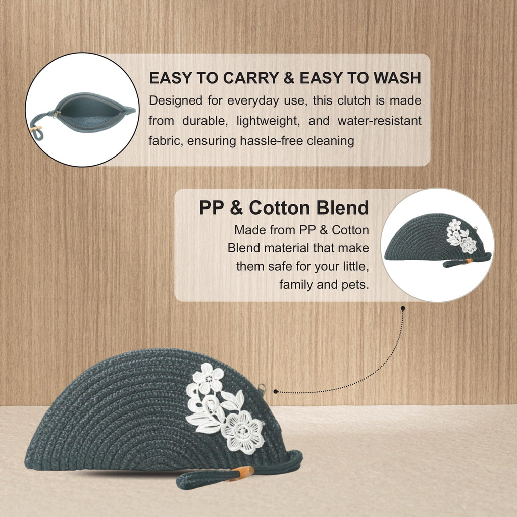 ARIYA Stylish Unique Handmade Dark Grey (PP & Cotton Blend) Clutch Bag with Flower, Perfect for Parties, Weddings & Everyday Outings