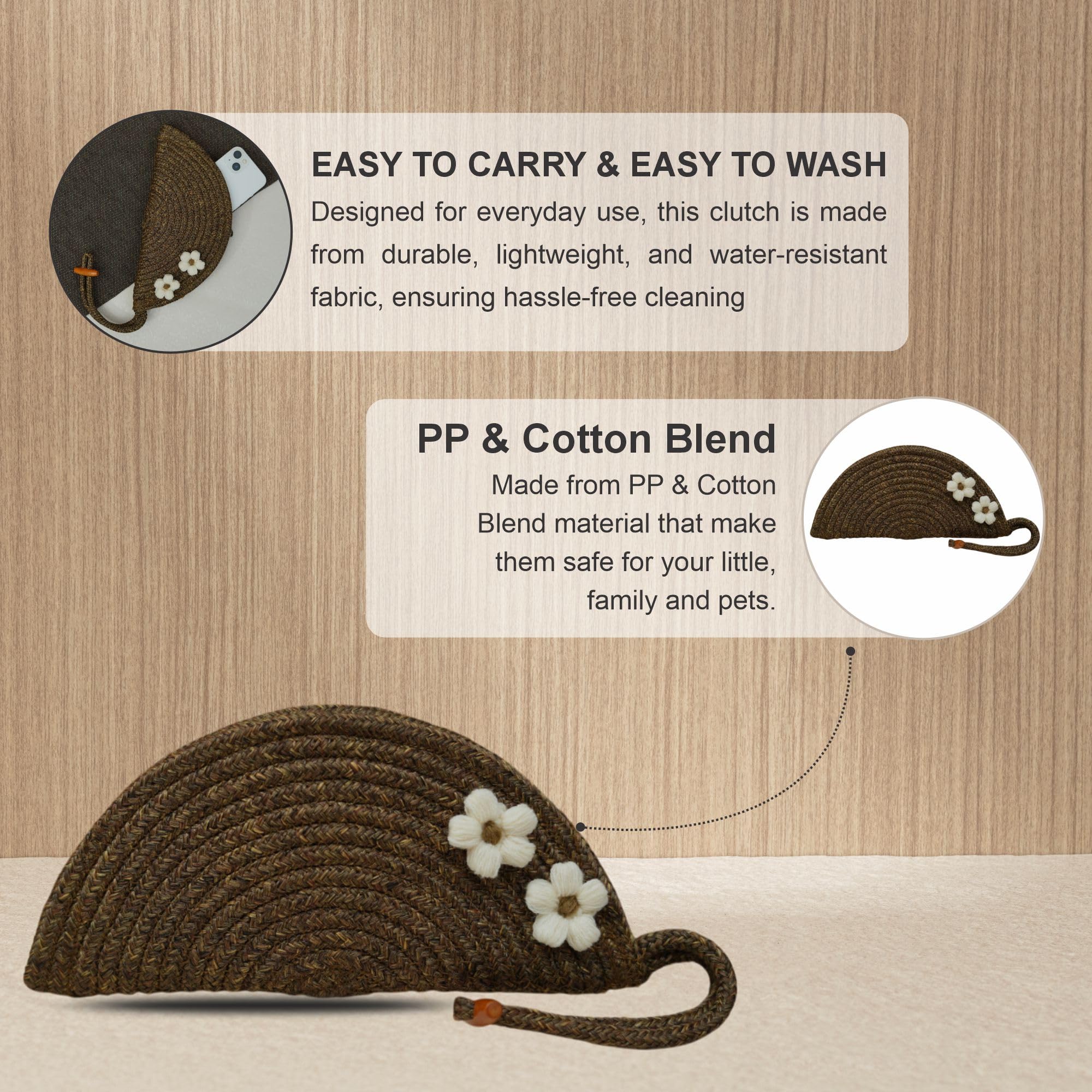 ARIYA Stylish Unique Handmade Brown (PP & Cotton Blend) Clutch Bag with 2 Flower, Perfect for Parties, Weddings & Everyday Outings