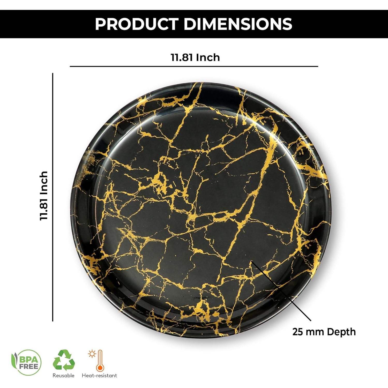 Ariya Melamine Dinner Plates 12 Inch Set of 12 | Black & Gold