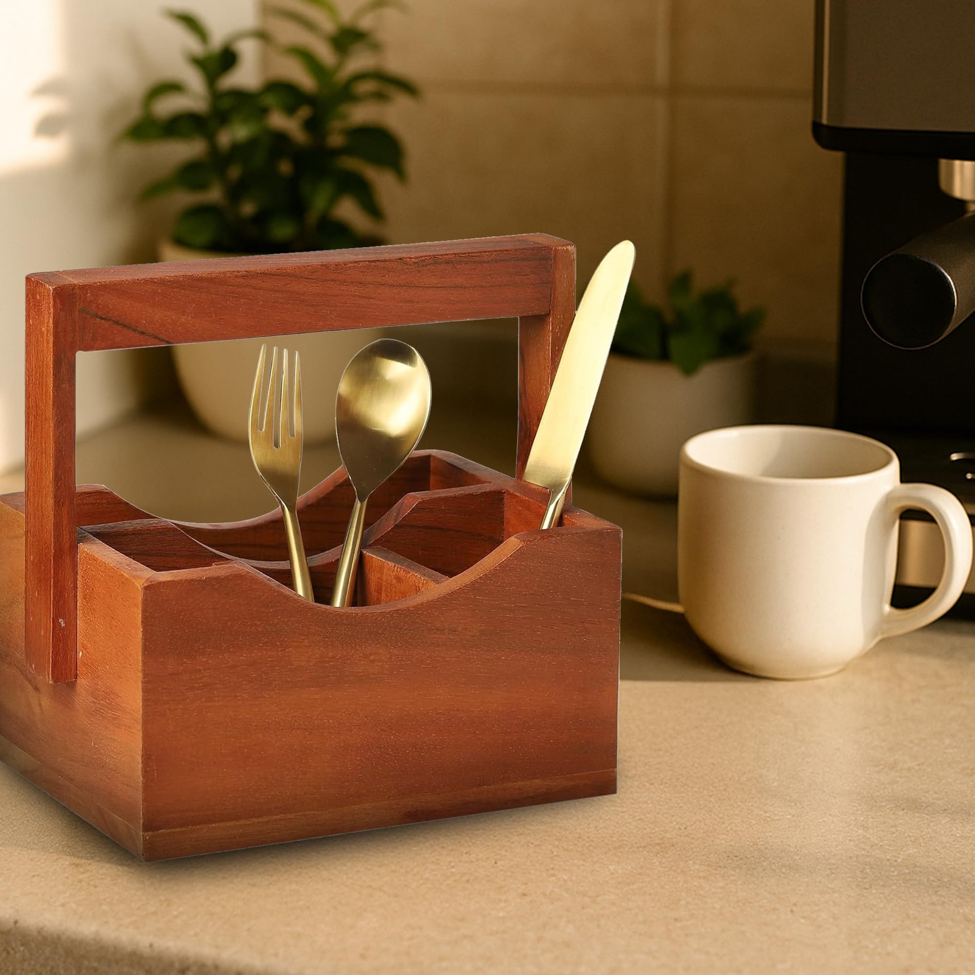 Ariya 8" Acacia Wooden Cutlery Holder | 4-Compartment Spoon & Fork Organizer