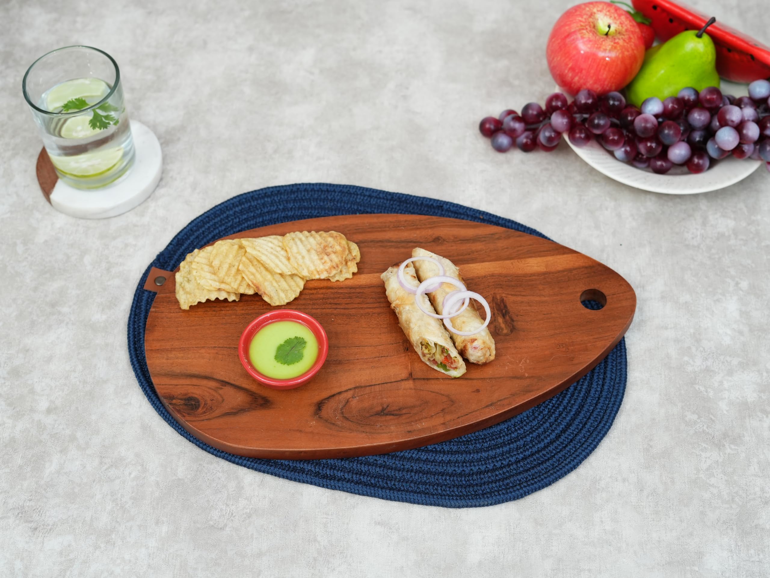 Ariya 14" Acacia Wooden Serving Platter with Chutney Bowl | Cheese & Charcuterie Board for Kitchen & Dining
