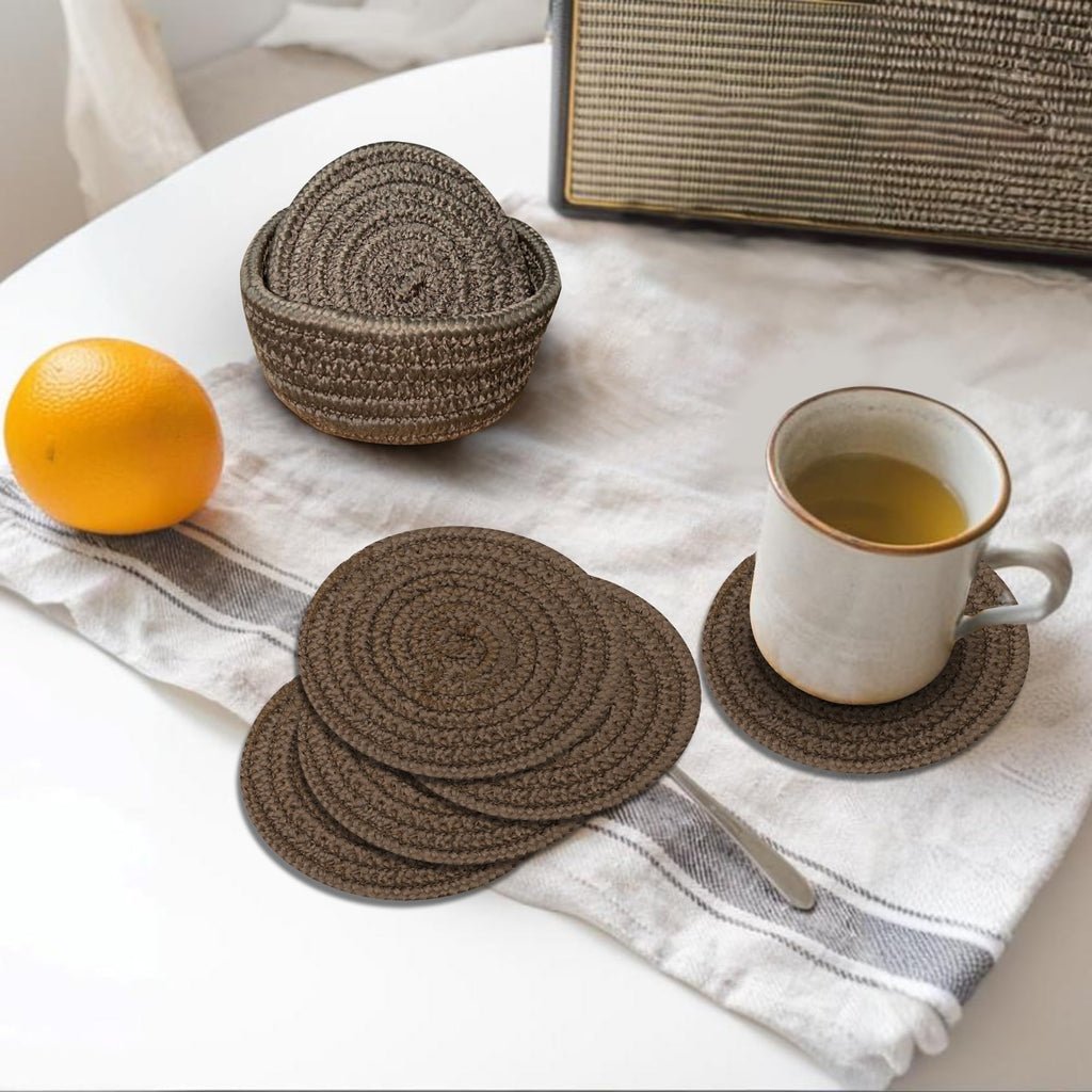 Ariya 4 Inch Round Coaster Set (4049 | Brown | Pack of 6) Handcrafted PP & Cotton Blend Coaster, Durable, Drink Mats for Coffee Tables, Dining, Office & Home Décor