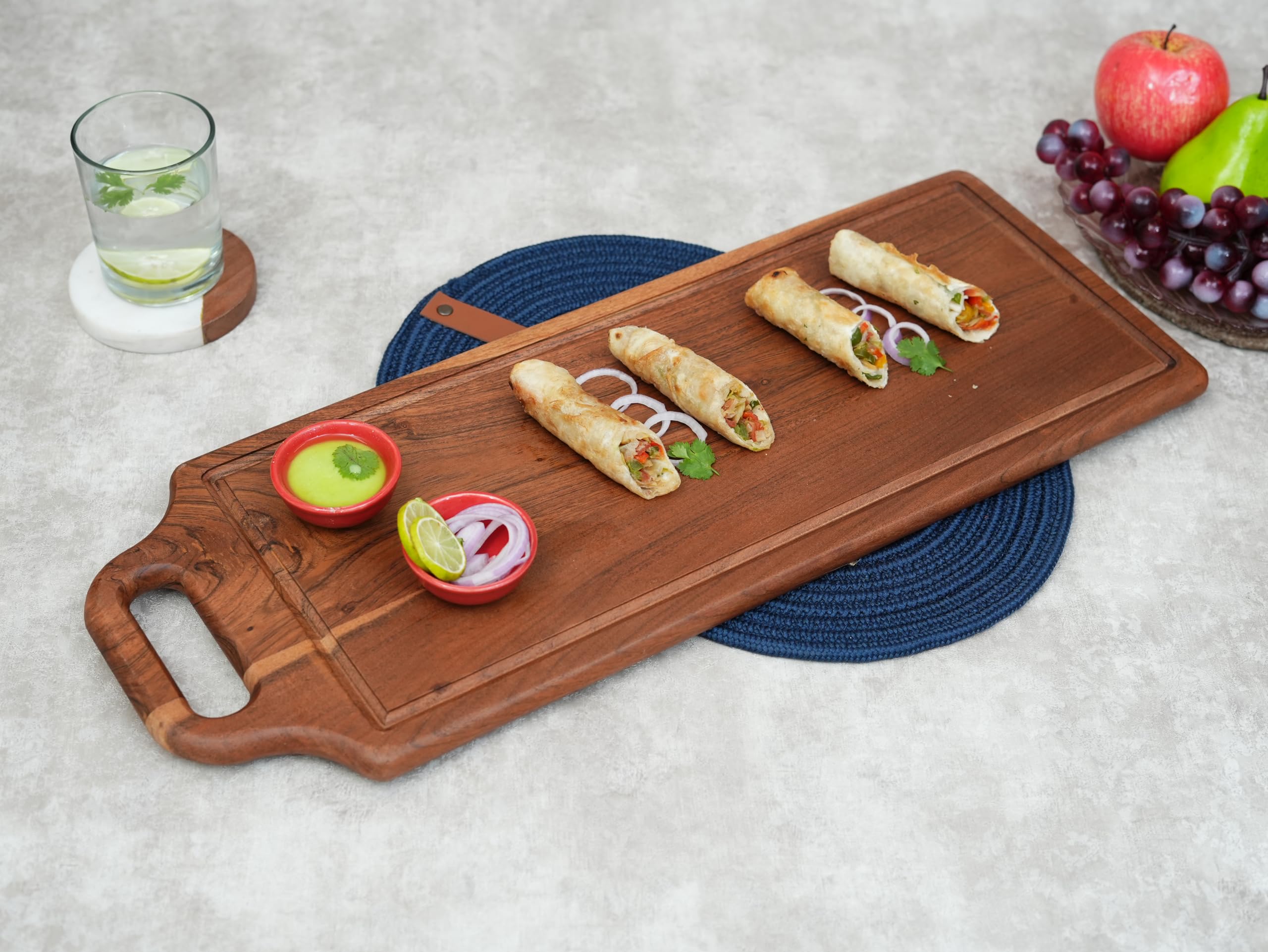 Ariya 23.5x8.5" Acacia Wood Serving Platter with Chutney Bowl – Nuts, Bread & Snacks