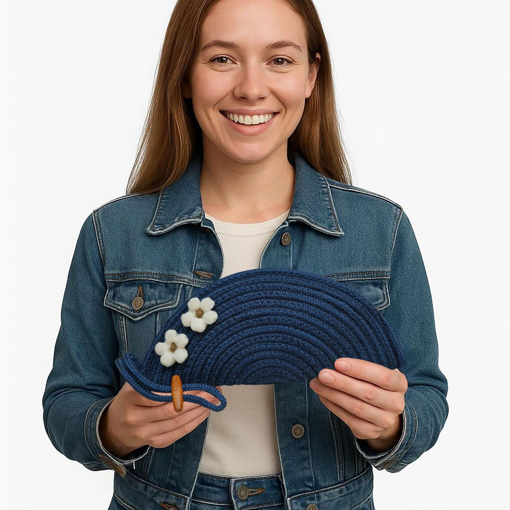 ARIYA Stylish Unique Handmade Blue (PP & Cotton Blend) Clutch Bag with 2 Flower, Perfect for Parties, Weddings & Everyday Outings