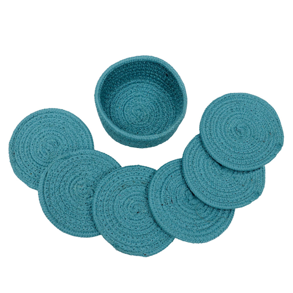 Ariya 4 Inch Round Coaster Set (4049 | Sky Blue | Pack of 6) Handcrafted PP & Cotton Blend Coaster, Durable, Drink Mats for Coffee Tables, Dining, Office & Home Décor